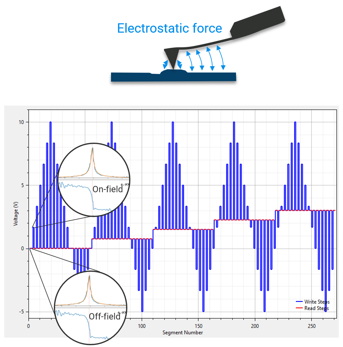 顶部：悬臂梁和样品表面之间、悬臂梁和样品之间的静电力（由蓝色箭头表示）通过影响PFM响应产生伪影。底部：使用开关波形，称为SS-PFM探测波形，其中包含多个不同的读取电压，可以补偿静电伪影。